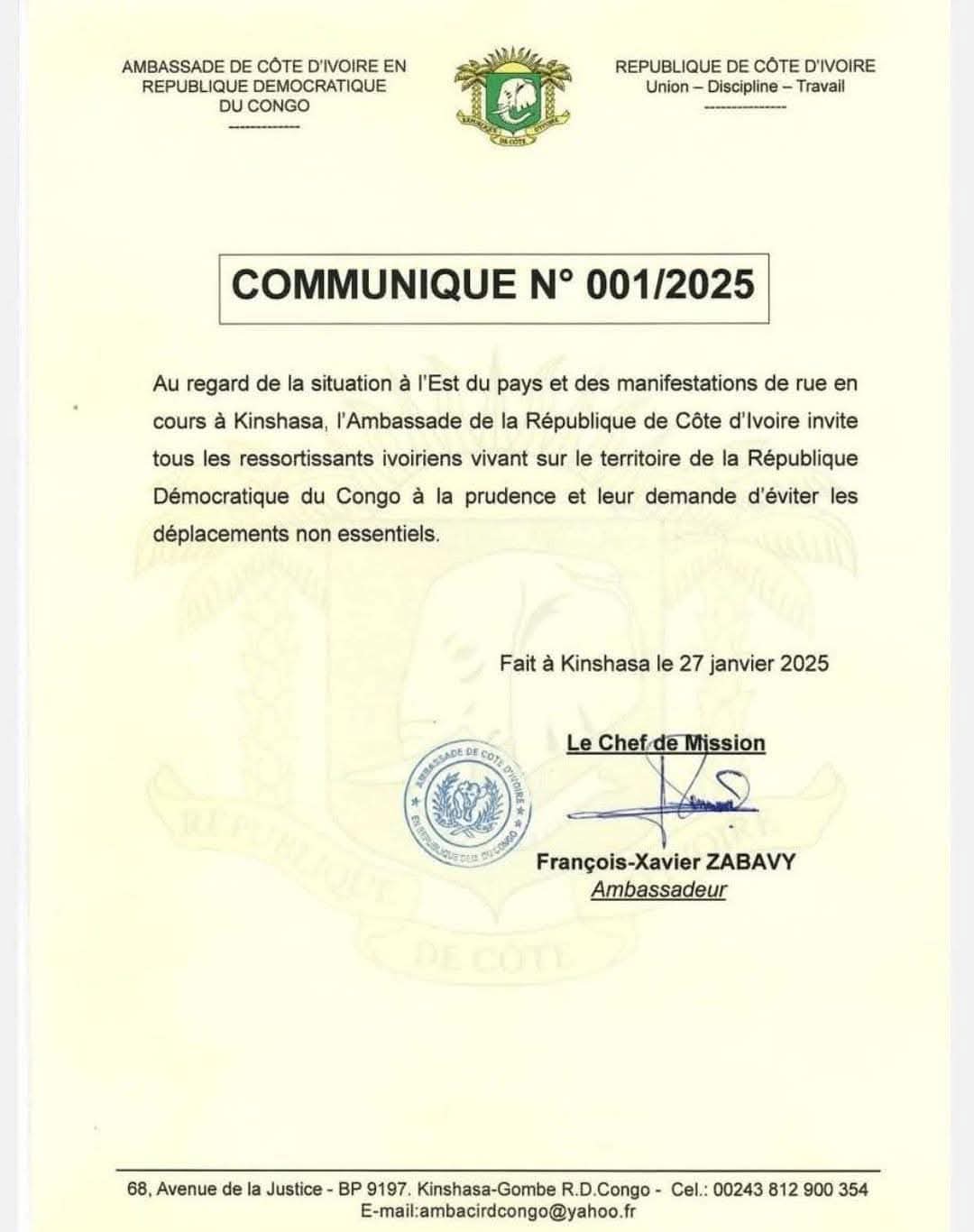 rdc-l-039-ambassade-de-la-cn-te-d-039-ivoire-en-rdc-appelle-ses-ressortissants-nc-la-vigilance-face-aux-manifestations-en-cours