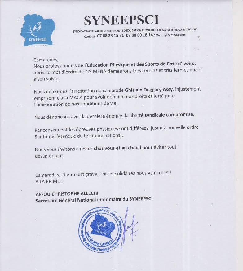 cote-divoire-le-syneepsci-annonce-la-suspension-des-epreuves-physiques-suite-a-larrestation-dun-syndicaliste