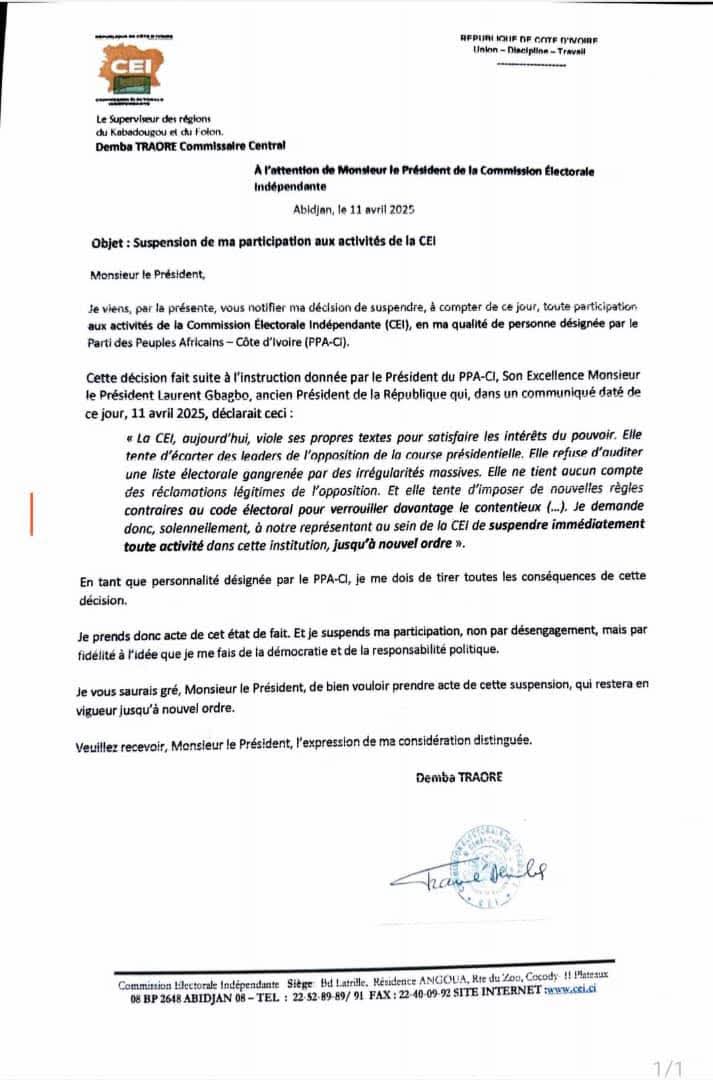 cote-divoire-cei-demba-traore-du-ppa-ci-denonce-de-graves-irregularites-et-suspend-sa-participation-jusqua-nouvel-ordre