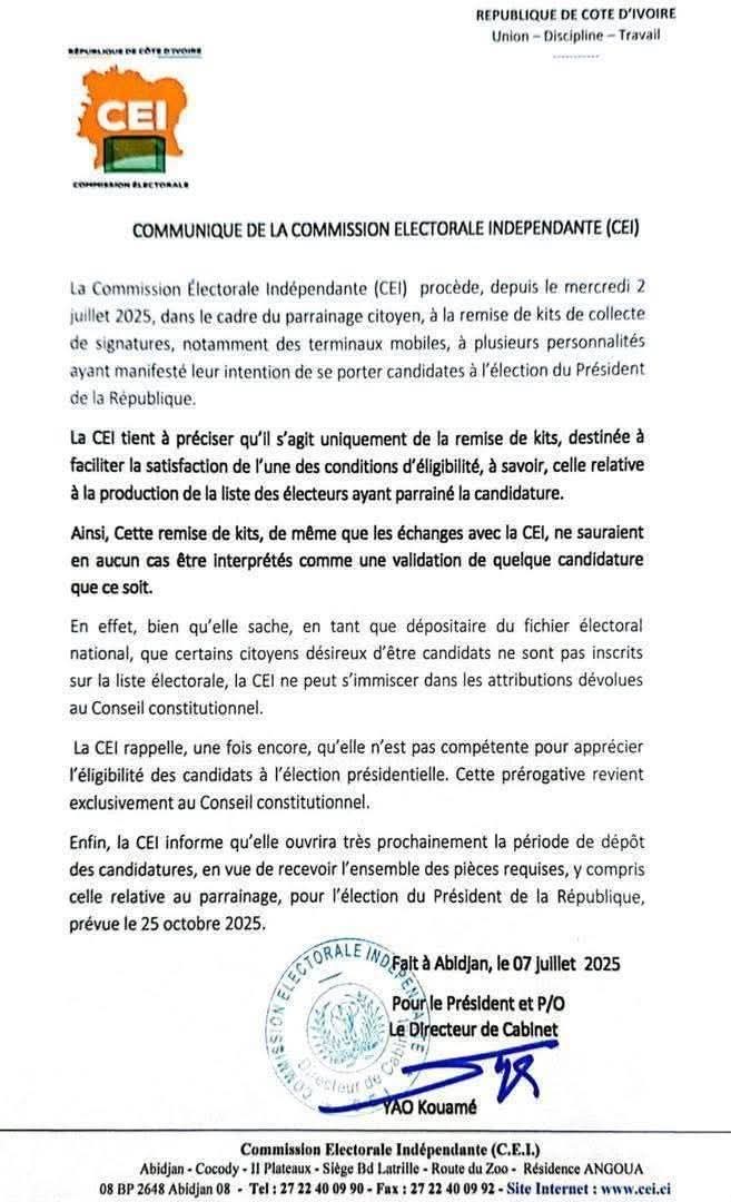 Côte d’Ivoire : la Commission électorale indépendante (CEI) clarifie la remise des kits de parrainage